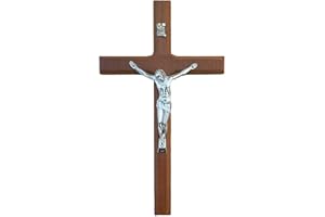 GENERIC 7.95Inch Crucifix Cross Wall Hanging Wood Cross Wall Decor Platinum Wood Cross with Alloy Jesus Christ Catholic Wall Art Cross for Church Home Decor