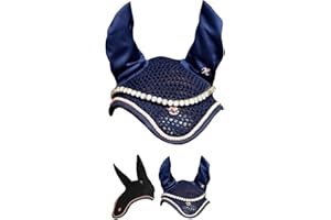 Marengos - Fliegenhaube Modern Rosé | edle Fliegenohren mit roségoldenem Metallplättchen & Zierkordel | Ohrenschutz für Pferde | Schutz vor Insekten | Pferde Zubehör in Nachtblau | Warmblut