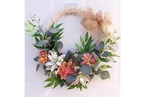 Sureh - Ghirlanda di piante grasse per porte anteriori con fiocco annodato artificiale, ghirlanda primaverile, ghirlanda di foglie verdi fatta a mano per feste e decorazioni per la casa