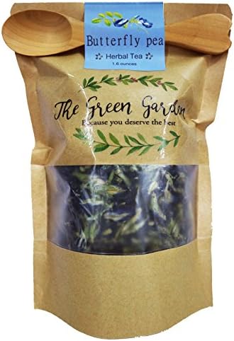 The Green Garden: 100% Organic Dried Pure Butterfly Pea Flowers Thai Herbals Blue Tea, All Natural Ingredients , Nontoxic, GMO-Free, Safe And Healthy in Zipper Packaging 50 g (1.60 Oz) and Get Free a Wooden Spoon