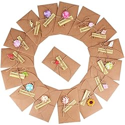 16x Sobres Tarjeta de Felicitación Kraft Marrones Vintage con Flores Secas (17,5x11cm) para Navidad Boda Regalo Cumpleaños Fiesta Año Nuevo