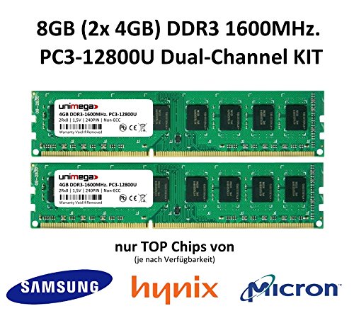 unimega 8GB (2x 4GB) Dual Channel KIT DDR3 1600MHz PC3-12800U 240PIN 1,5V PC RAM Speicher Memory mit Premium-Chips von Samsung, Hynix oder Micron unimega 8GB (2x 4GB) Dual Channel KIT DDR3 1600MHz PC3-12800U 240PIN 1,5V PC RAM Speicher Memory mit Premium-Chips von Samsung, Hynix oder Micron