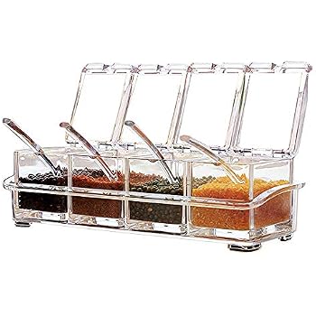Transparente Gewürzbehälter Set – 4 Stück Mit Deckel & Löffel, Aus Lebensmittelechtem PS, Maße Je 5x7,5x7 Cm, Inkl. Ablageschale