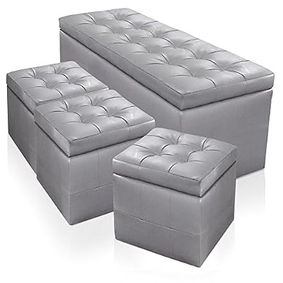 Menzzo Banquette Coffre Panky XL + 3 poufs Argent