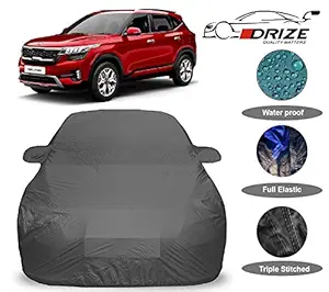 DRIZE Prime Quality Car Body Cover for Kia SELTOS with Mirror Pockets-Triple Stitched-Fully Elastic-Ultra Surface Body Protection (Grey Look)