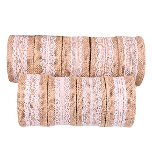 Yalulu 9 Stück 5cm * 2M Vintage Leinwand Hessische Jute Lace Band Handwerk Farbband mit Weisse Spitzen für DIY Handwerk Hochzeit Haus Dekor