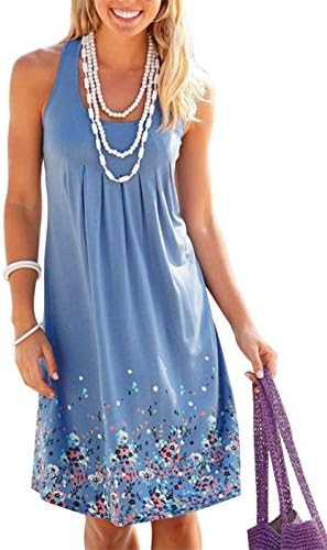 LANOMI Women's Boho Floral Crew Neck Sleeveless Sundress Ladies Summer Loose Beach Evening Party Dress size 6 8 10 12 14 16 18 20 (UK 6, Blue)