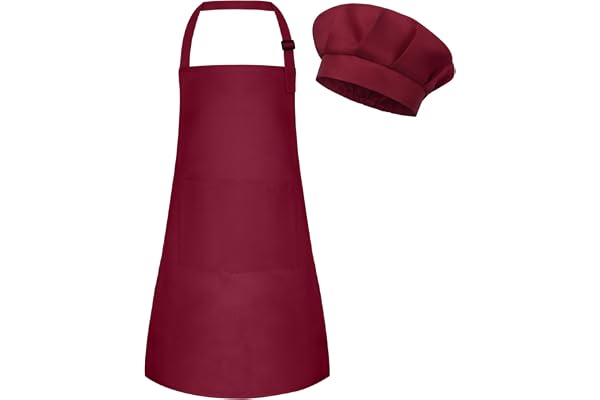 BOUBONI Tablier et toque de chef pour enfant - Tablier artistique réglable avec 2 poches - Toque et tablier pour la cuisine, la pâtisserie et la peinture