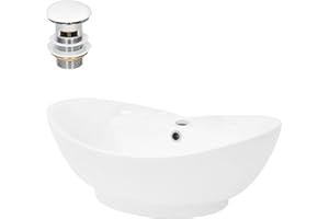 ML DESIGN MODERN LIVING ML-Design Lavabo in Ceramica Bianco Lucido 59 x 20,5 x 39,5 cm Lavandino da Appoggio Ovale Design Moderno Lavamani Bacinella Sanitari Arredo da Bagno Toilette Casa Lavello incl. Piletta e Troppopieno