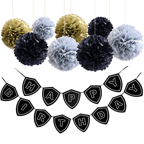 Mudder Happy Birthday Banner Schwarz Girlande Flagge mit 8 Stück Papier Pompons zum 21. 30. 40. 50. 60. Geburtstag für Geburtstag Party Dekoration