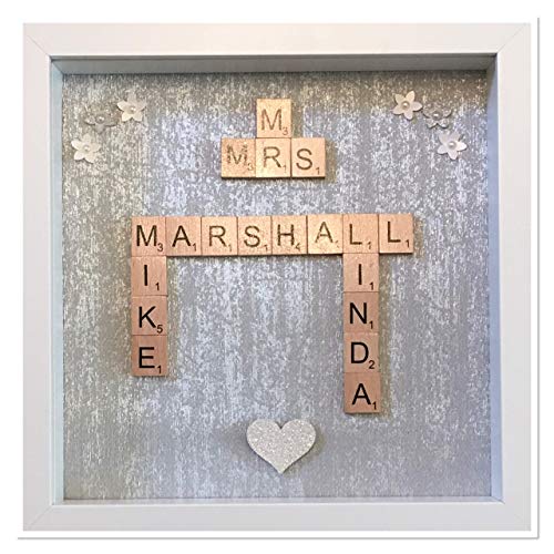Personalised Mr and Mrs Scrabble Tile Box Picture Frame Choose Ivory or Wooden Letters Words - Silver Sparkle Background