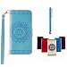 Produktbild MUTOUREN Portemonnaie Handyhülle für iPhone SE 5 5S PU Lader Brieftasche Klapphülle Bookstyle Wallet Flip Case mit Standfunktion Kartenfach Fall-Abdeckung Ultradünne Kratzfeste Stoßdämpfende Telefonkasten Geprägtes Muster indische Mandala Blau + Metall Stylus Stift