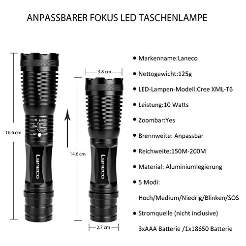 Laneco E6 Wiederaufladbare LED Taschenlampe, Super Hell Taktische Taschenlampe mit 18650 Li-Ionen-Akku und Ladegerät, Tragbare Wasserdichte Taschenlampe mit Einstellbarem Fokus und 5 Lichtmodi für Campen Wandern usw - 3