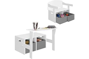Lestarain Table et Banc pour Enfants, Table pour Enfants avec Banc, Ensemble Table et Chaise avec Casiers de Rangement, 2 en 1 Meubles pour Enfants, Blanc + Gris