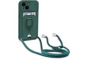 yanasuo Schiebe Kameraschutz Silikon Handykette Hülle kompatibel mit iPhone 14, Metall Ring Halter Handy Cover,Verstellbarer Halskette Handyhülle-Dunkel Grün