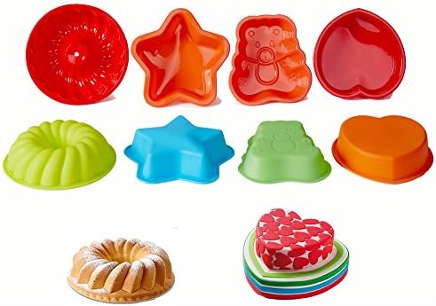 ZENGWARE Multi Shape Moulds Professional Non Stick Silicone Baking Cake Cases Set of 8 Star Ring Bear Heart