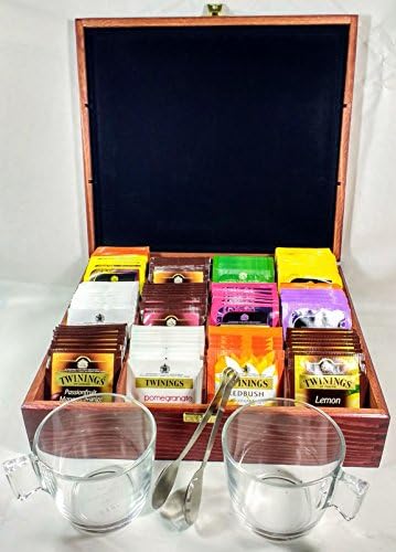 Dark Wood Tea Chest, Large 12 Compartment with 150 Twinings Tea Bags & Stainless Steel Tea Bag Squeezer with Two Tempered Glass Cups