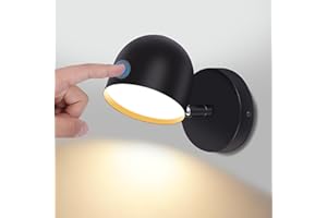 KAWELL Interior LED Aplique de Pared Sensible Al Tacto LED Luz de Lectura de Pared Atenuación Continua Foco de Pared LED Rotación Libre de 350° para Dormitorio Sala Escaleras Pasillo, Negro 3000K