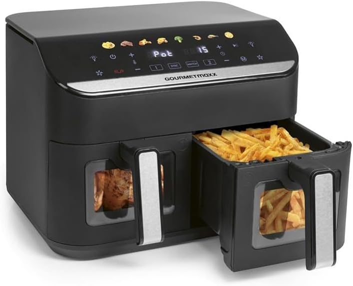 GOURMETmaxx AirGenius, friggitrice ad aria calda, 9 l, 2 x 4,5 l, friggitrice con 8 programmi, friggitrice ad aria calda, 2 camere, 2 cibi, per max. 8 persone, touch screen multi-colore