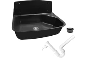 kör4u Komplettset Ausgussbecken schwarz, 52,6 cm, aus Kunststoff, inkl. Abflussstopfen, Kunststoff Siphon weiß 1 1/2 Zoll x 40mm, Gumminippel DN 40/50