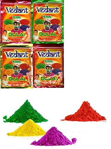 Holi Herbal Gulal Pouch Pack @ 100Gms Vedant 4 Pcs | 100% Safe | Assorted Colours | Non Toxic | Holi Festival Item | Kids Return Gift