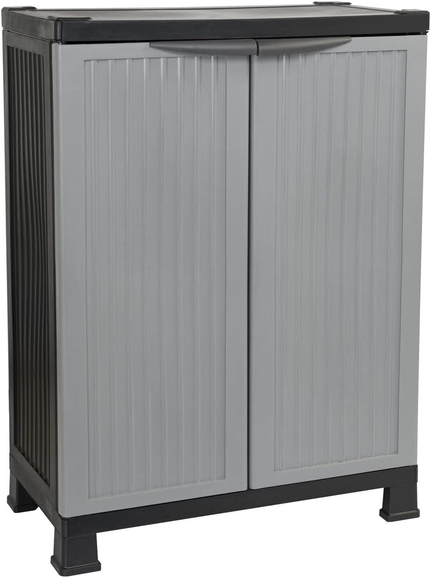 THINIA HOME - Armario de Resina Bajo Almacenaje, Uso Exterior e Interior, Jardín y Terraza, 1 Balda, 2 Puertas, Dimensiones 39x68x92cm (Largo x Ancho x Alto), Color Gris o Negro