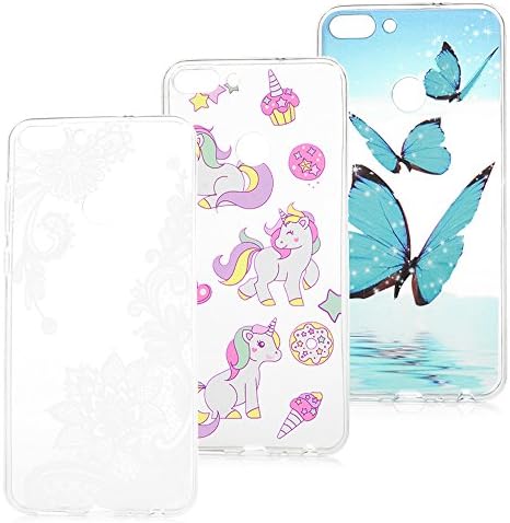 3x Case Huawei P Smart, Beaulife Transparent Cover TPU Silicon Rubber Lightweight Ultra-Thin Flexible Shockproof Anti-Scratch Waterproof Creative Pattern Bumper Elastic Gel Protective Shell for Huawei P Smart - Butterfly + Unicorn + Flower