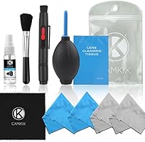 Professionelles Kamera Reinigungsset f&uuml;r DSLR-Kameras (Canon, Nikon, Pentax, Sony), davon 1 Doppelseitiger Objektiv Reinigungs Stift / eine Flasche alkoholfreies optisches Objektiv-Reinigungsmittel / 1x Heft mit 50 Objektivreinigungst&uuml;chern / 1x Objektivpinsel / 1x Air Blower / 5 Mikrofaser Reinigungst&uuml;cher (mit Reinigungsfl&uuml;ssigkeit)