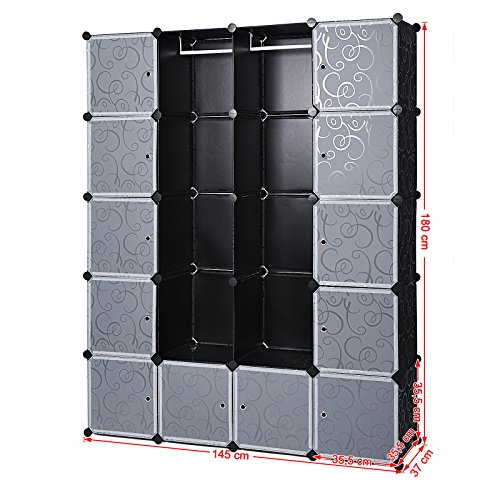 Songmics LPC30H Kleiderschrank Garderobenschrank Steckregalsystem mit 2 Kleiderstange, Plastik, schwarz, 180.0 x 145.0 x 37.0 cm - 9