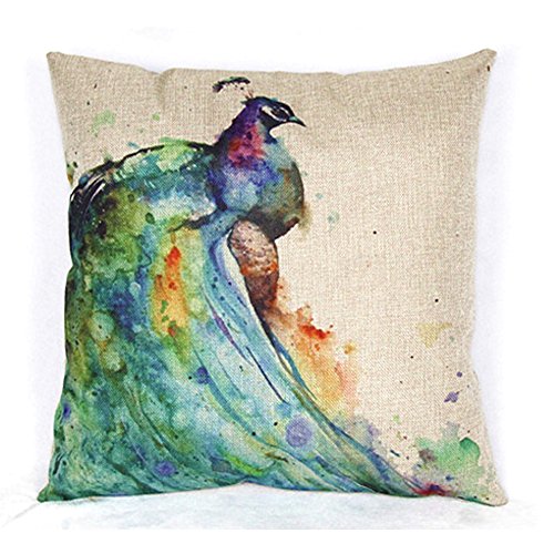 Vanki Peafowl serial soft Linen Square Decorative Throw Pillow Case Cushion Cover 18X 18 inches, Oil Painting colorful peacock stand on right pattern