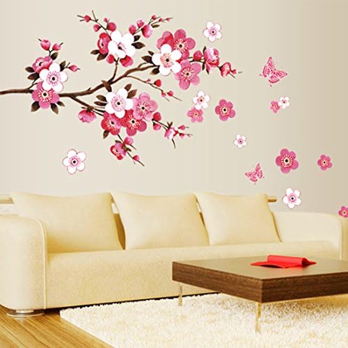Beautiful Pink Peach Blossom Leaves Butterflies Wall Sticker House Decal Removable Living Room Wallpaper Bedroom Kitchen Art Picture PVC Murals Sticks Window Door Decoration + 3D Frog Car Sticker Gift