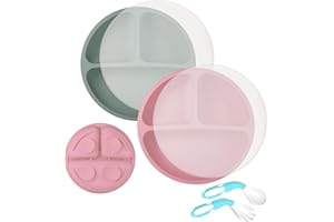 ANTUREBAY Baby Plate, Silicone Non-Slip Baby Placemat for Baby, Toddlers and Children, Children's Plate with Suction Cup, Washable Placemat for Dishwasher, Microwave (Grey, Pink with Lid)