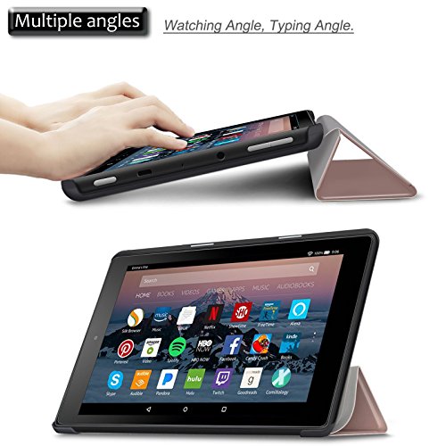 Das neue Fire 7 2017 ( 7-Zoll-Tablet, 7. Generation) Hülle Case – Infiland Ultra Smart Dünn Tri-Fold Muschel PU Leder Ultra Schlank Superleicht Ständer Shell Cover Schutzhülle Etui Tasche für Amazon Fire 7 17,7 cm ( 7-Zoll, 7. Generation – 2017) (mit Auto Schlaf / Wach Funktion) (Rosa Goldene) - 3