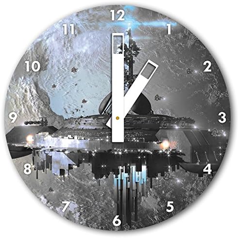 futuristic spaceship Earth B &amp; W detail, wall clock diameter 48cm with white squared the hands and face, decorative items, design clock, aluminum composite very nice for living room, study