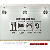 EAT SLEEP GAME REPEAT Wandtattoo Wandaufkleber Wandsticker Wandbilder Personalisiertem Namen, PS4, XBOX