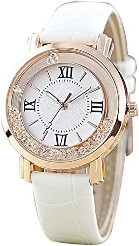 LONGQI WATCH White Crystal Causal Women Watches with Electronic Movement Ladies Leather Strap Wrist Watch