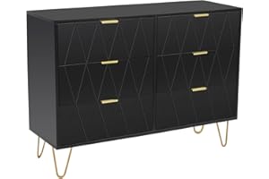 UEV Commode, Armoire avec 6 Tiroirs, Meuble de Rangement Chambre Enfant/Adulte, 100 x 34 x 73cm, Buffet Salon, Style Scandinave Elégant, Couleur Noir