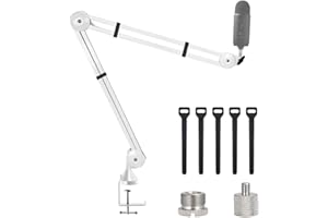 BOMGE BA-02 - Supporto per microfono con braccio a forbice regolabile, clip per studio di sospensione, per palla di neve blu, ghiaccio, Blue Yeti, radio Broadcasting e giochi (bianco), 7 cm