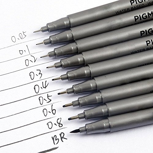 INIBUD Fineliner set 9er Pigment Liner Tuschestift Schwarz 0.05mm 0.1mm 0.2mm 0.3mm 0.4mm 0.5mm 0.6mm 0.8mm Brush pen artist pen Finepen, mit GRATIS Pen Box - 2
