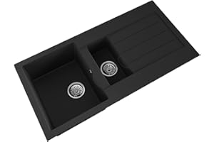 Balterley Composite Kitchen Sink with Drainer & Overflow Hole, 100cm Bowl Inset Black Kitchen Sink, 1.5 Double Bowl Reversible Sinks with Grooved Drainer - 1000 x 500 x 200mm (Dark Grey)