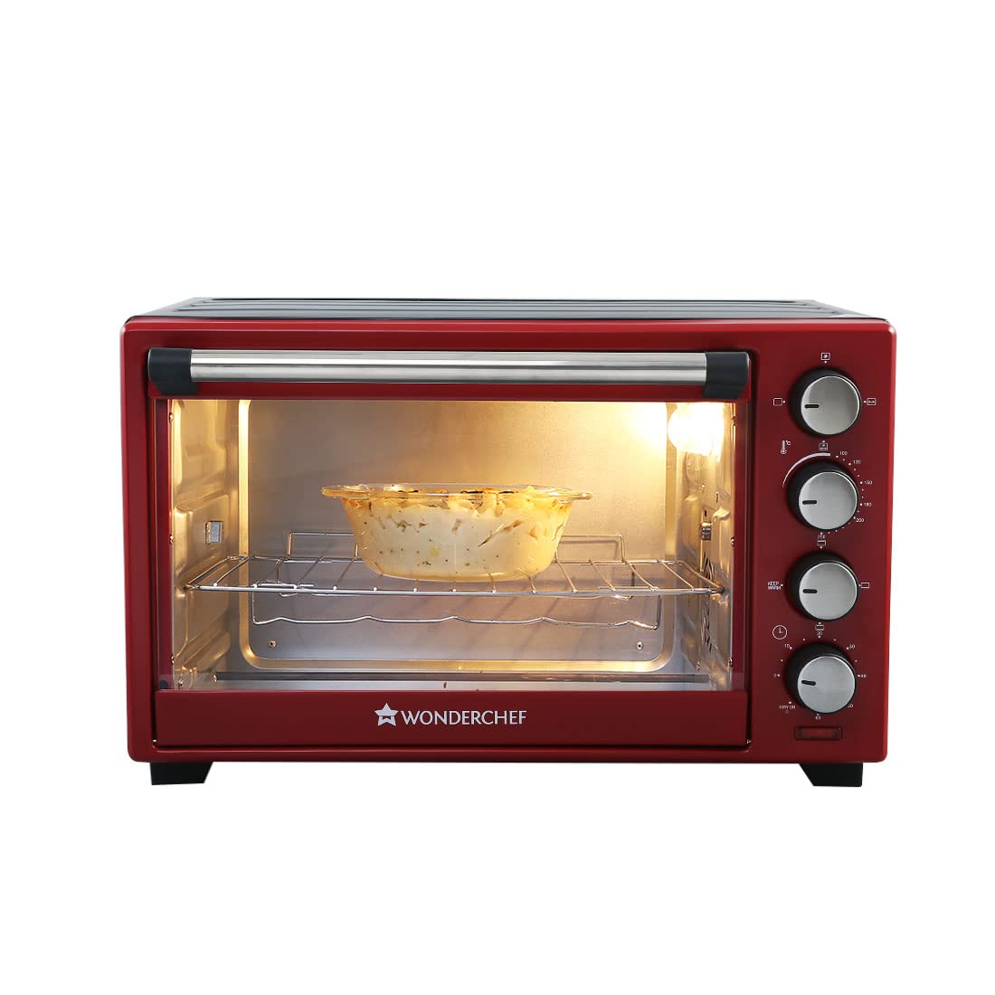 Unleash Culinary Creativity with Wonderchef OTG Crimson Edge - 28L: Auto-Shut Off, Heat-Resistant Tempered Glass, Multi-Stage Heat, 2 Yrs Warranty, 1600W RedBake Grill RoastEasy Clean!