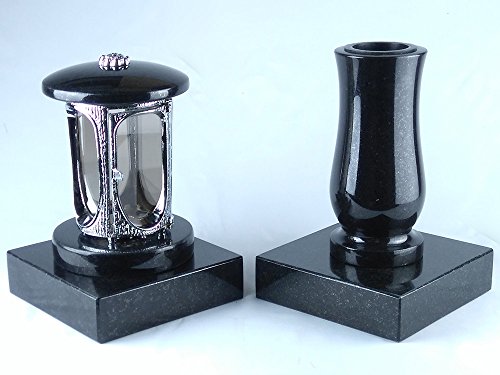 designgrab Alu Grablampe aus verchromtem Aluminium und Grabvase Taille-medium und 2 Stück Sockel eckig in Granit Schwedisch Black SS1 schwarz Grablampen Grableuchte Grablaterne Grablicht Grabschmuck Friedhofslaterne Friedhofslicht Friedhofslampe Friedhofsleuchte Grablicht