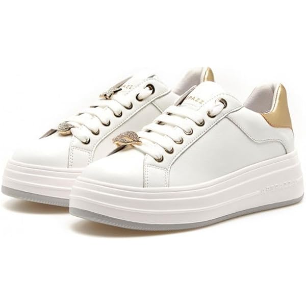 Apepazza Sneakers Fondo Gomma + Zeppa Interna Alta 6 Cm. Pelle E Camos Beige Glitter Oro Rif 603