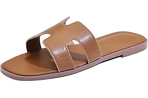 LHXYUO Sandali piatti da donna, pantofole da donna in pelle, comode scarpe piatte eleganti eleganti ciabatte estive autunno carino punta aperta casual