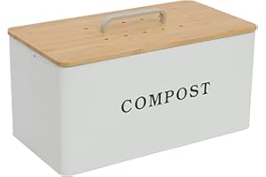 ayacatz Métal Composteur Cuisine,Poubelle à Compost Cuisine avec Bois Couvercle et Remplaçable Filtre à Charbon, 7.5 litres, Rectangle Bac à Compost pour comptoir de Cuisine-Blanc