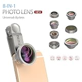 MEMTEQ® Lente Ojo de Pez 8 en 1 Lente de gran angular + 235º ojo de pez+180º ojo de pez+ 0.4x gran angular + 0.65x gran angular + 19x macro +macro+ EXT barlow 2X+ Polarizador CPL para Los Teléfonos Móviles Inteligentes iPhone Android, Color Plata
