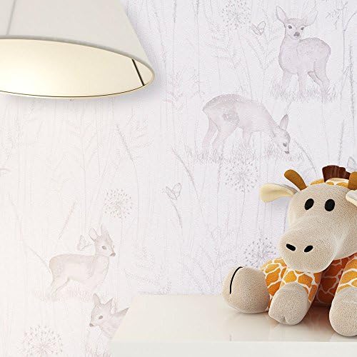Animals Forest Grey White Deer Cute Butterfly Wallpaper For Children For Boys Room Or Nursery, Includes Newroom Paper Hanging Aid, Baby Girl Boy Baby, paper, Muster, 10,05 m x 53 cm
