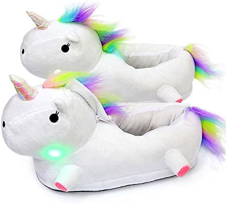 Warm Unicorn Slippers With LED Soft Plush Slip On Animal Light up Shoes Christmas Gift For Kids Girlfriend (UK 10, White)