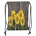 Produktbild ZKHTO Drawstring Sack Backpacks Bags,Sunflower Decor,Helianthus Sunflowers Against Weathered Aged Fence Summer Garden Photo Print,Brown Yellow Green Soft Satin,5 Liter Capacity,Adjustable STR