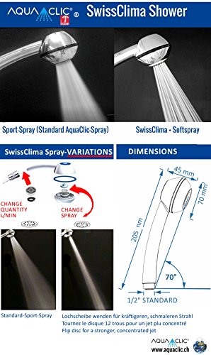 Duschkopf wassersparend BLACK POWER – SwissClima-Duschbrause mit Massagestrahl, kalkfrei, 3 Mengenregler für 4 Durchflussmengen, Aufsatz SOFTSPRAY für weichen Regenstrahl; Made in Switzerland direkt vom Hersteller Aquaclic® - 2